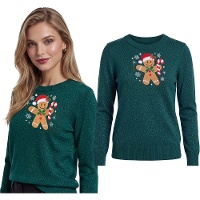 Damen-Weihnachtspullover mit Lebkuchenmann-Motiv und Glitzereffekt