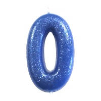 Zahlenkerze '0' in leuchtendem Blau mit Glitzer, 6,5 cm