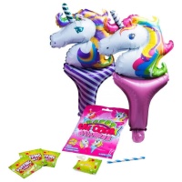 Glückliches Einhorn mit 4 Tütchen Puder + 2 Luftballons