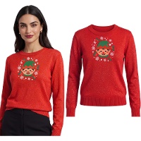 Damen-Weihnachtspullover mit Wichtelmotiv und Glitzer