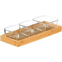 Bambus-Servier-Set mit 3 Glasschälchen für Snacks