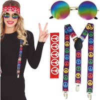 Hippie-Set mit Hosenträgern, Brille und Stirnband