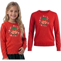 Kinder-Weihnachtspullover mit Weihnachtswichtel-Motiv und Glitzereffekt